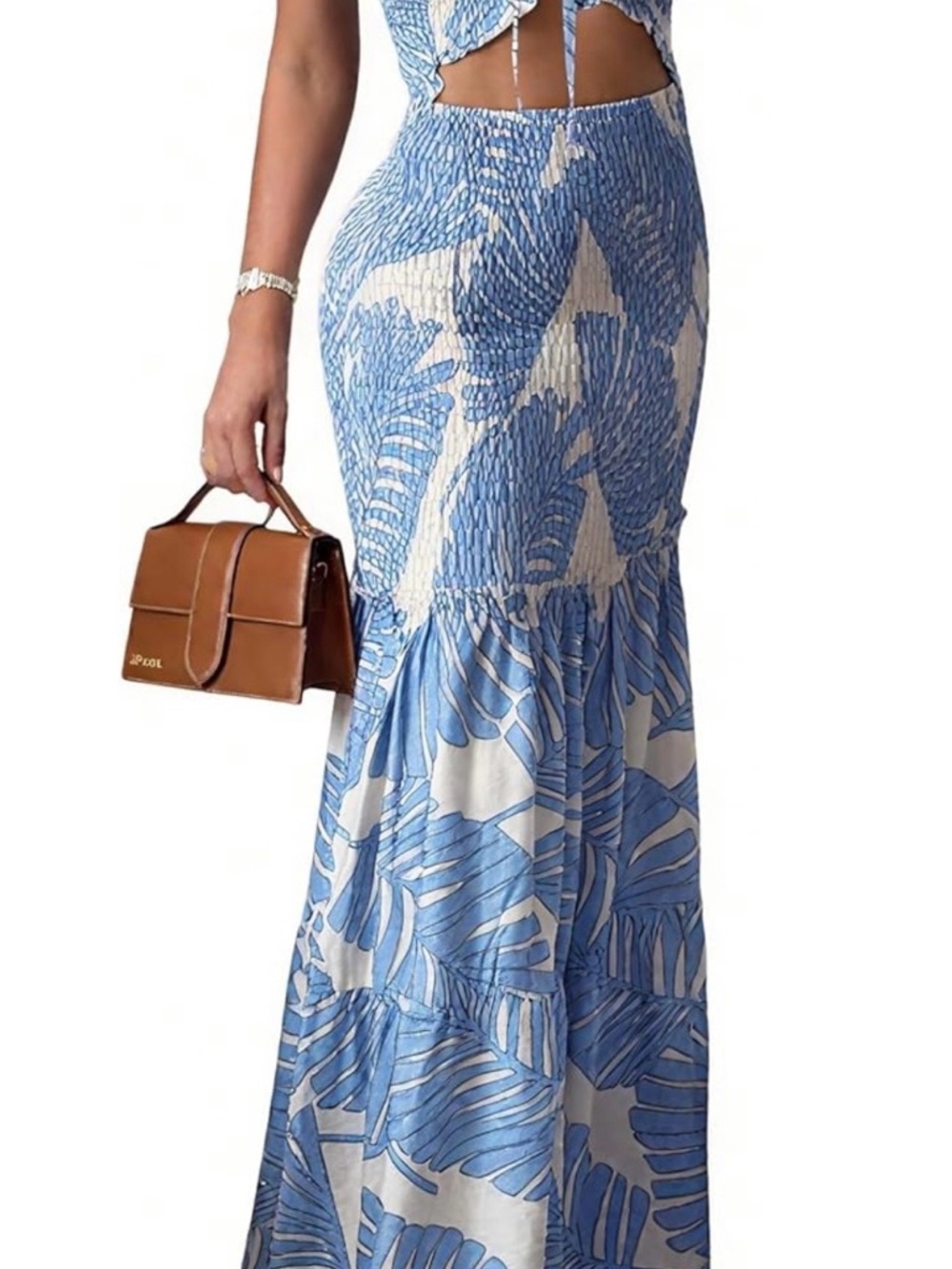 Strapless Blue & White Leaf-Print Maxi Dress